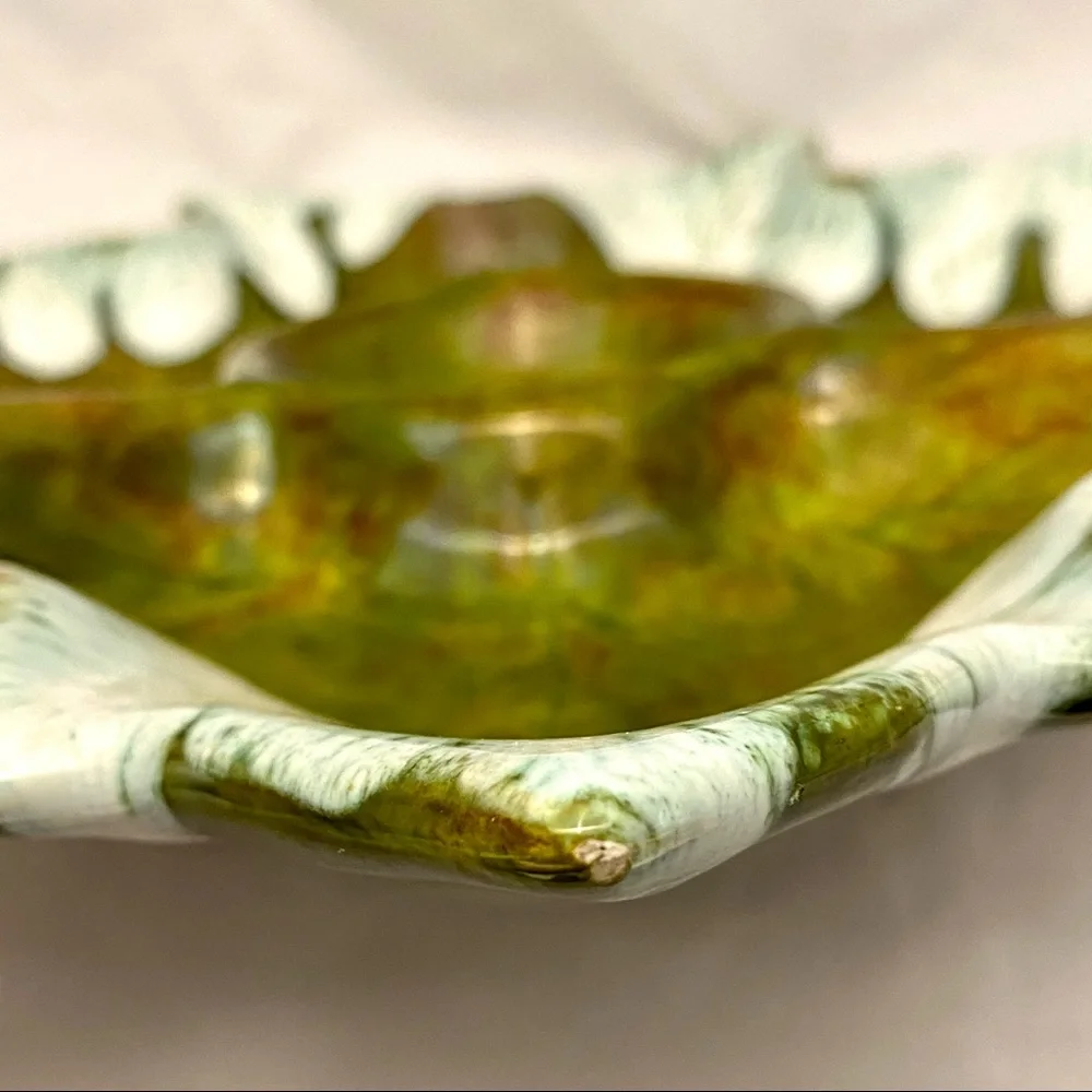 Chip & Dip Platter, Ceramic Leaf Shape, White/Green Drip Glaze MCM Vintage